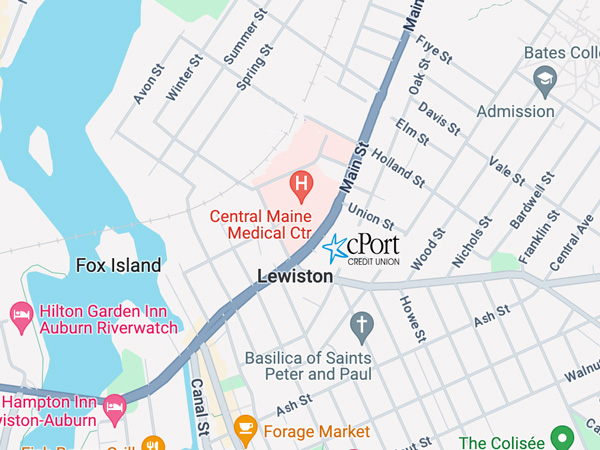 map showing cPort Credit Union in Lewiston, Maine, on Main St. across from Central Maine Medical Center